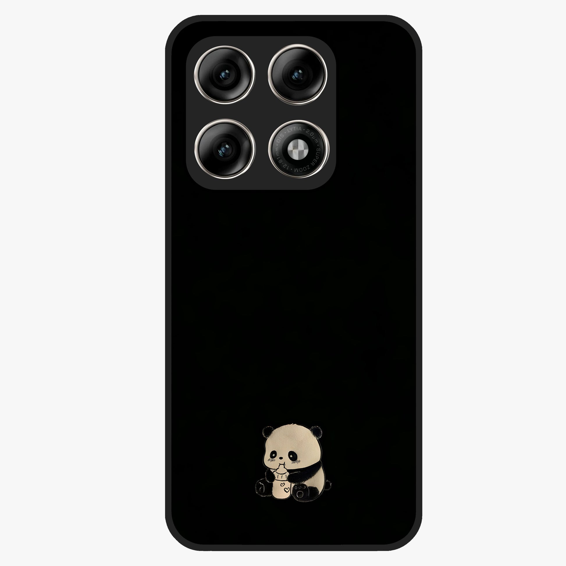 Midnight Panda Love Glass Case showing flat back view with cute panda themed artwork and glossy glass finish.
