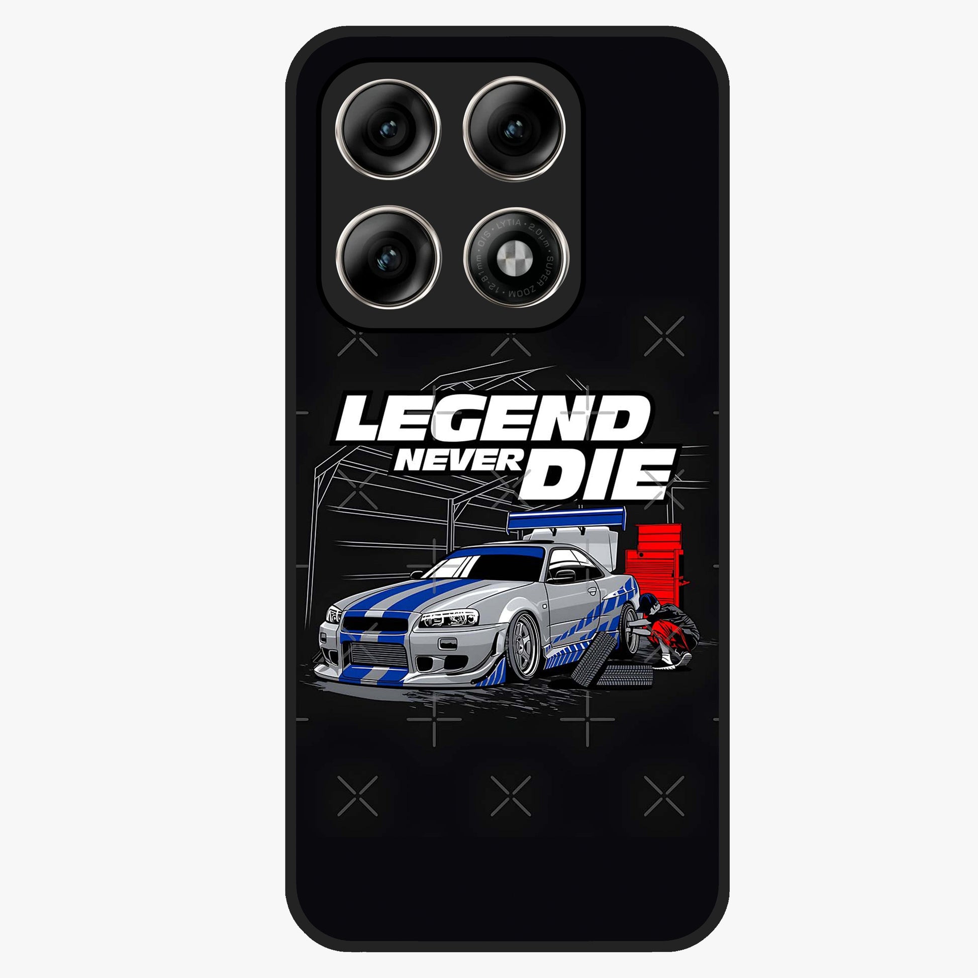 Midnight Racing Legacy Glass Case showing flat back view with sleek racing inspired artwork and glossy glass finish.