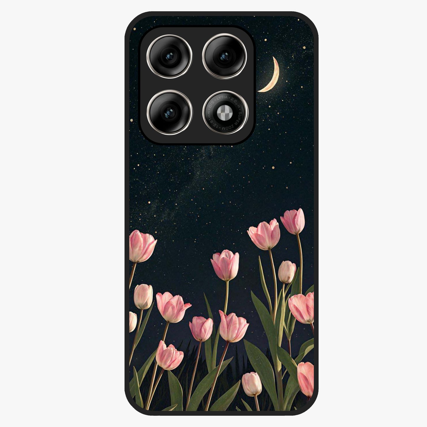 Midnight Tulip Whispers Vibe Glass Case showing flat back view with elegant tulip flower artwork and glossy glass finish.
