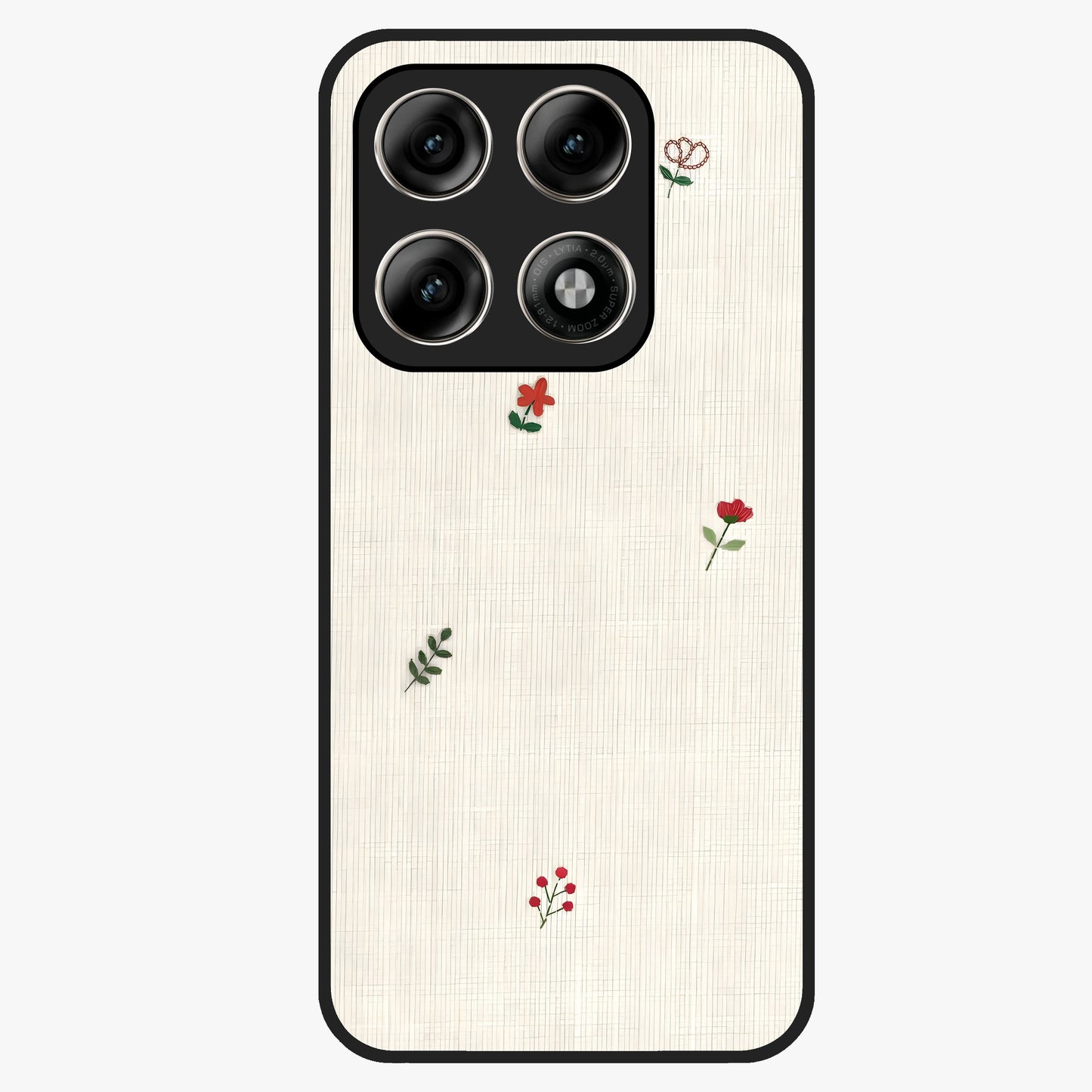 Minimal Petal Whispers Glass Case showing flat back view with soft minimal floral artwork and glossy glass finish.