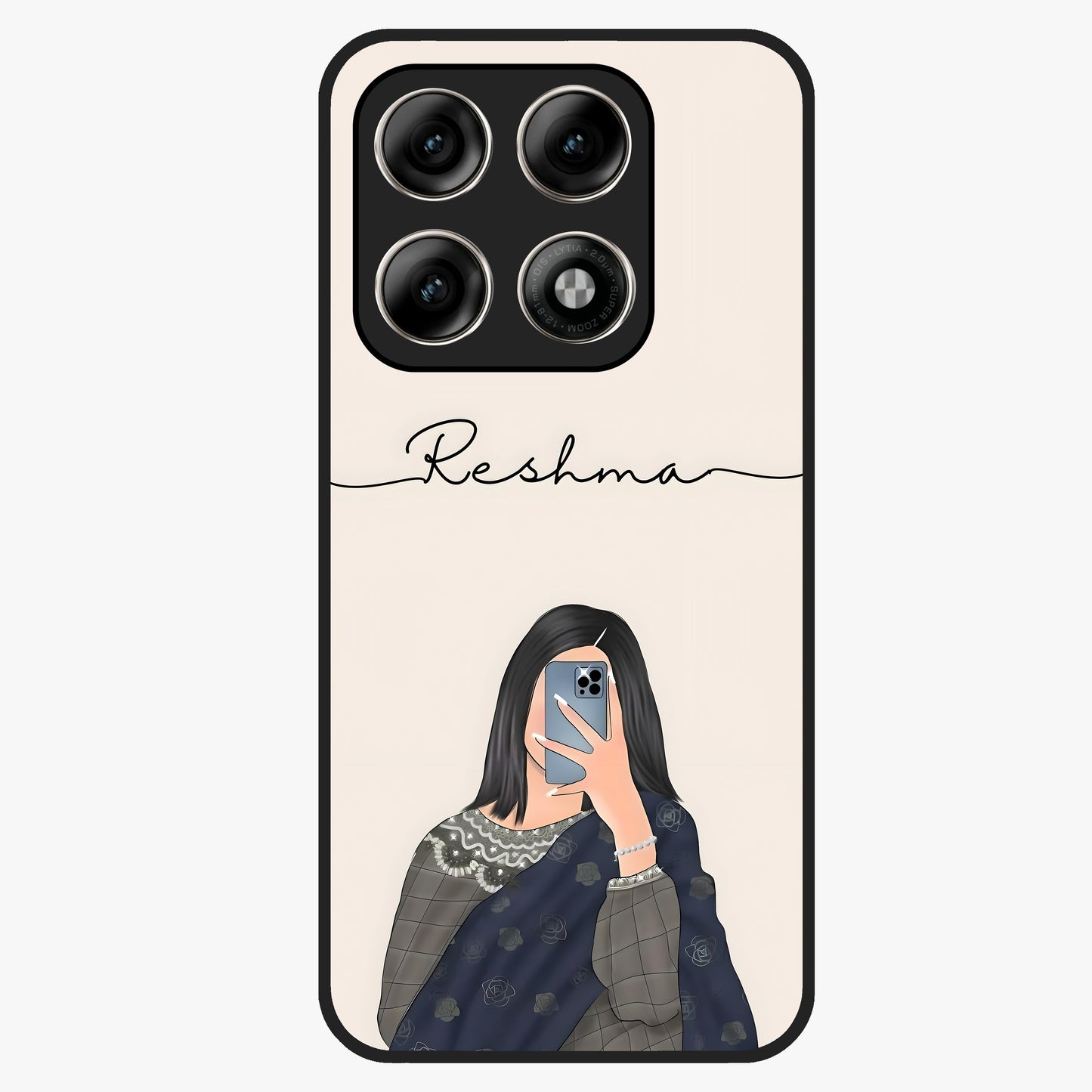 Mirror Mood Muse With Custom Name Glass Case showing flat back view with stylish mirrored artwork and personalized name design.