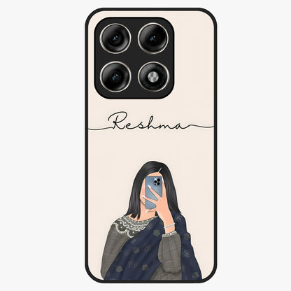Mirror Mood Muse With Custom Name Glass Case showing flat back view with stylish mirrored artwork and personalized name design.