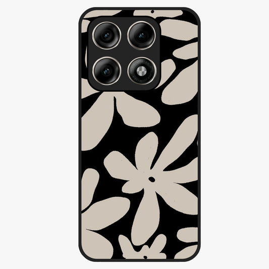 Monochrome Petal Dance Glass Case showing flat back view with monochrome floral artwork and glossy glass finish.