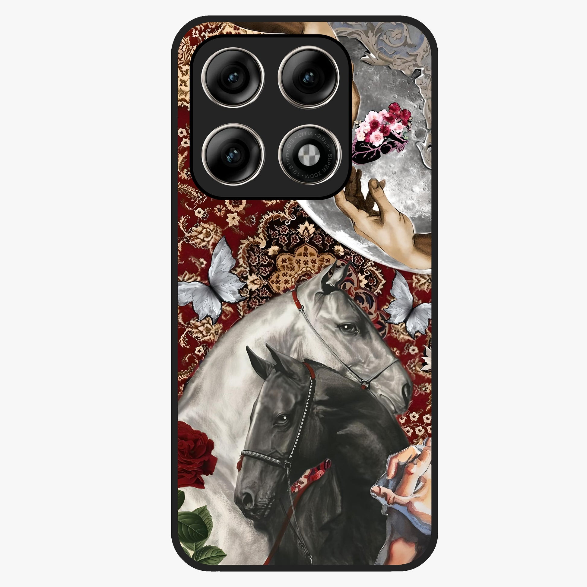 Moonlit Royal Stallion Glass Case showing flat back view with majestic horse under moonlight artwork and glossy glass finish.