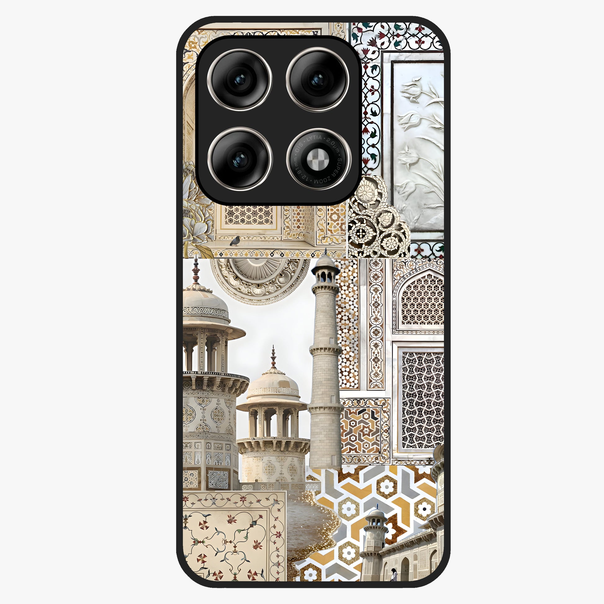 Mughal Marble Legacy Glass Case showing flat back view with intricate Mughal inspired marble pattern and glossy glass finish.