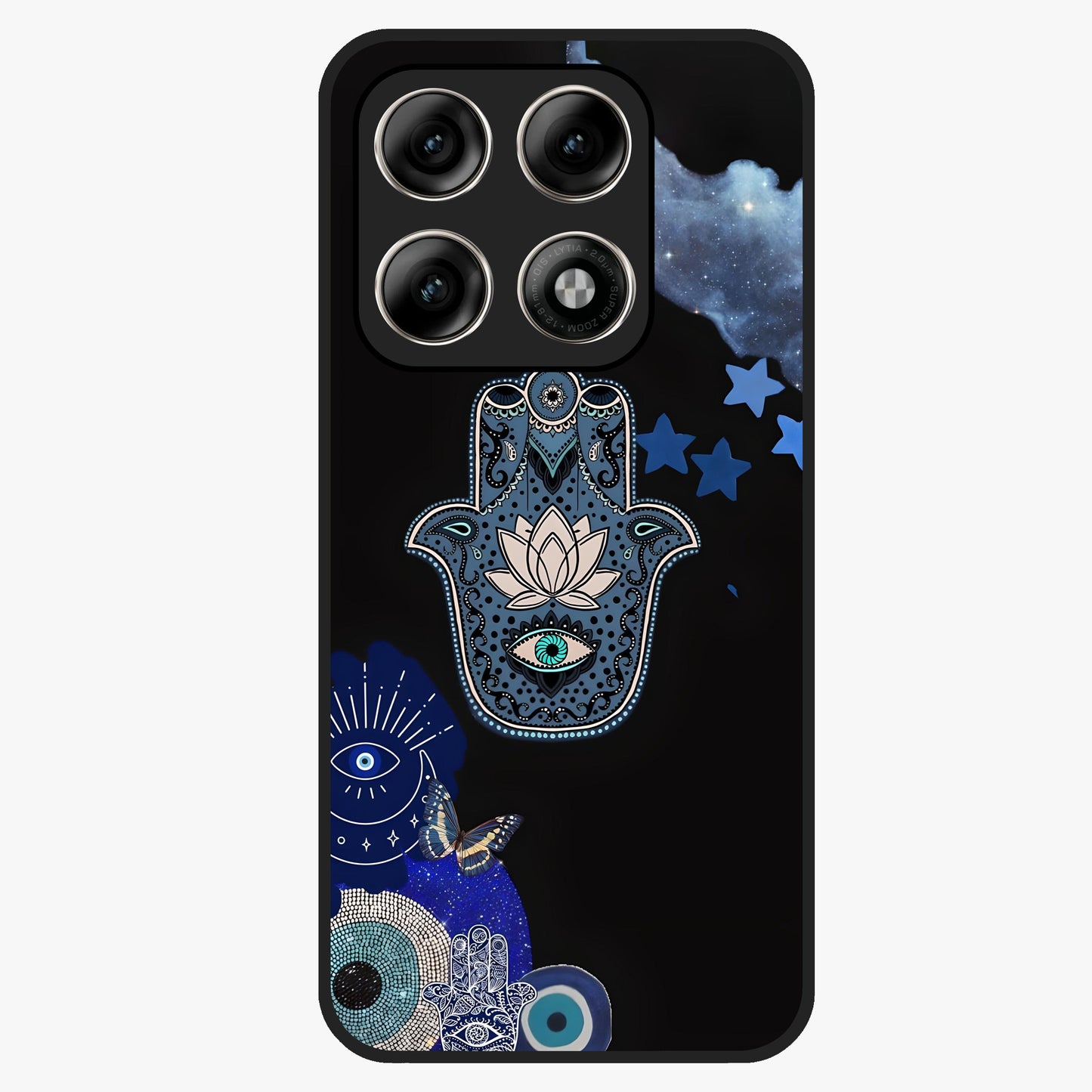 Mystic Hand Aura Glass Case showing flat back view with mystical hand symbol artwork and glossy glass finish.