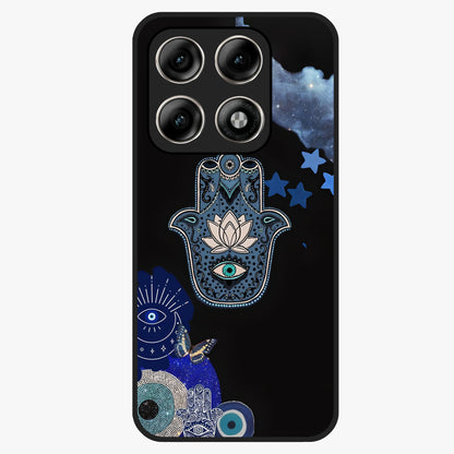 Mystic Hand Aura Glass Case showing flat back view with mystical hand symbol artwork and glossy glass finish.