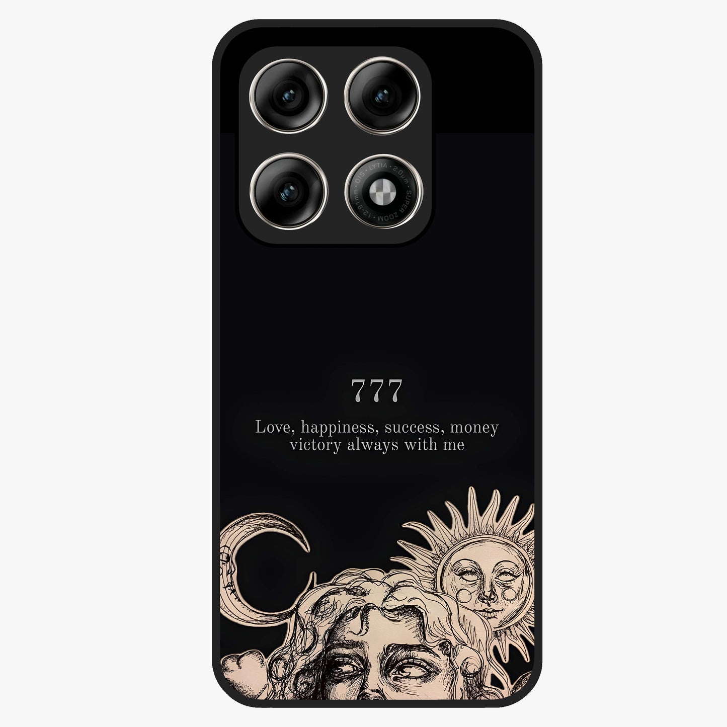Mystic Victory Aura Glass Case showing flat back view with victory symbol artwork and glossy glass finish.