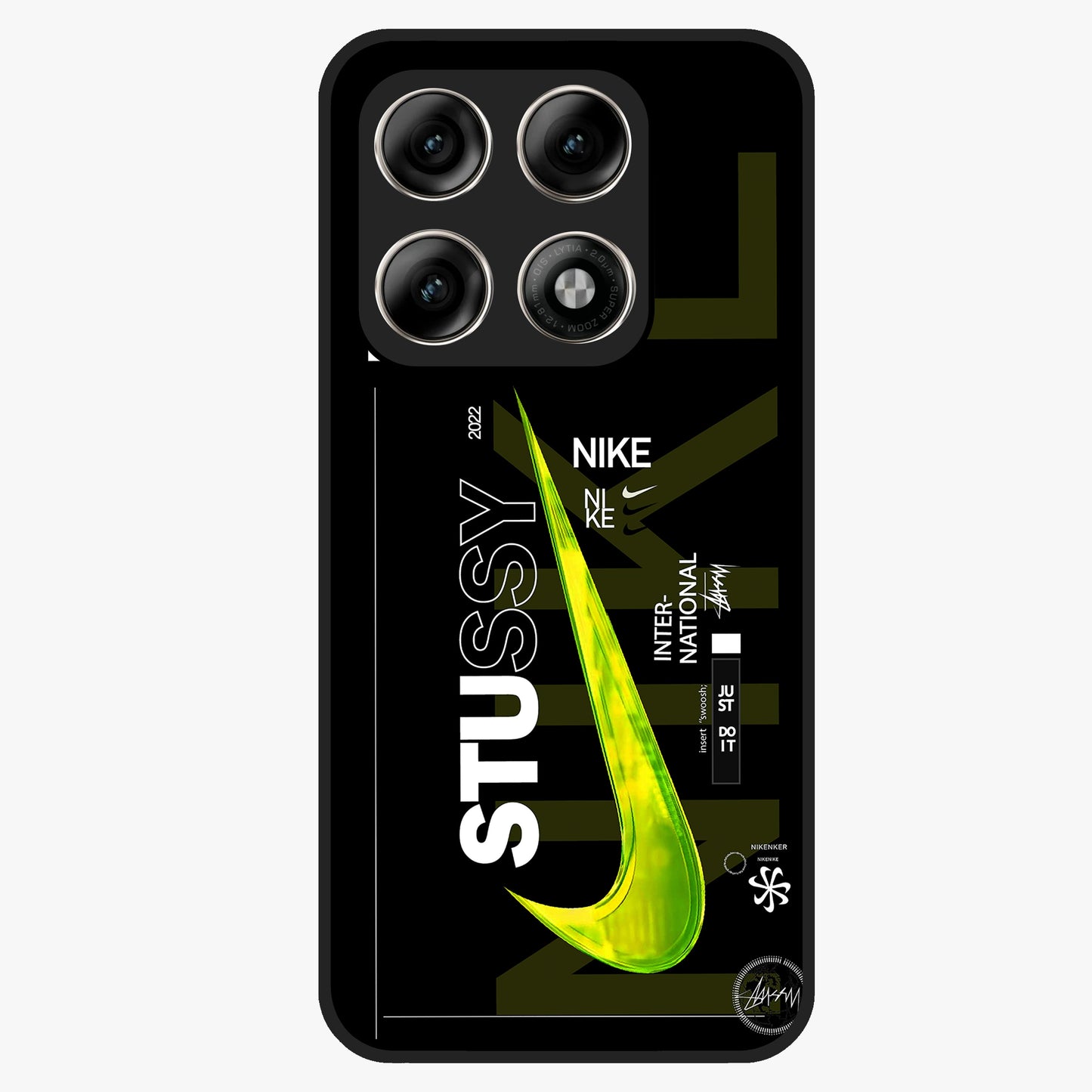 Neon Street Edition Glass Case showing flat back view with neon street style artwork and glossy glass finish.
