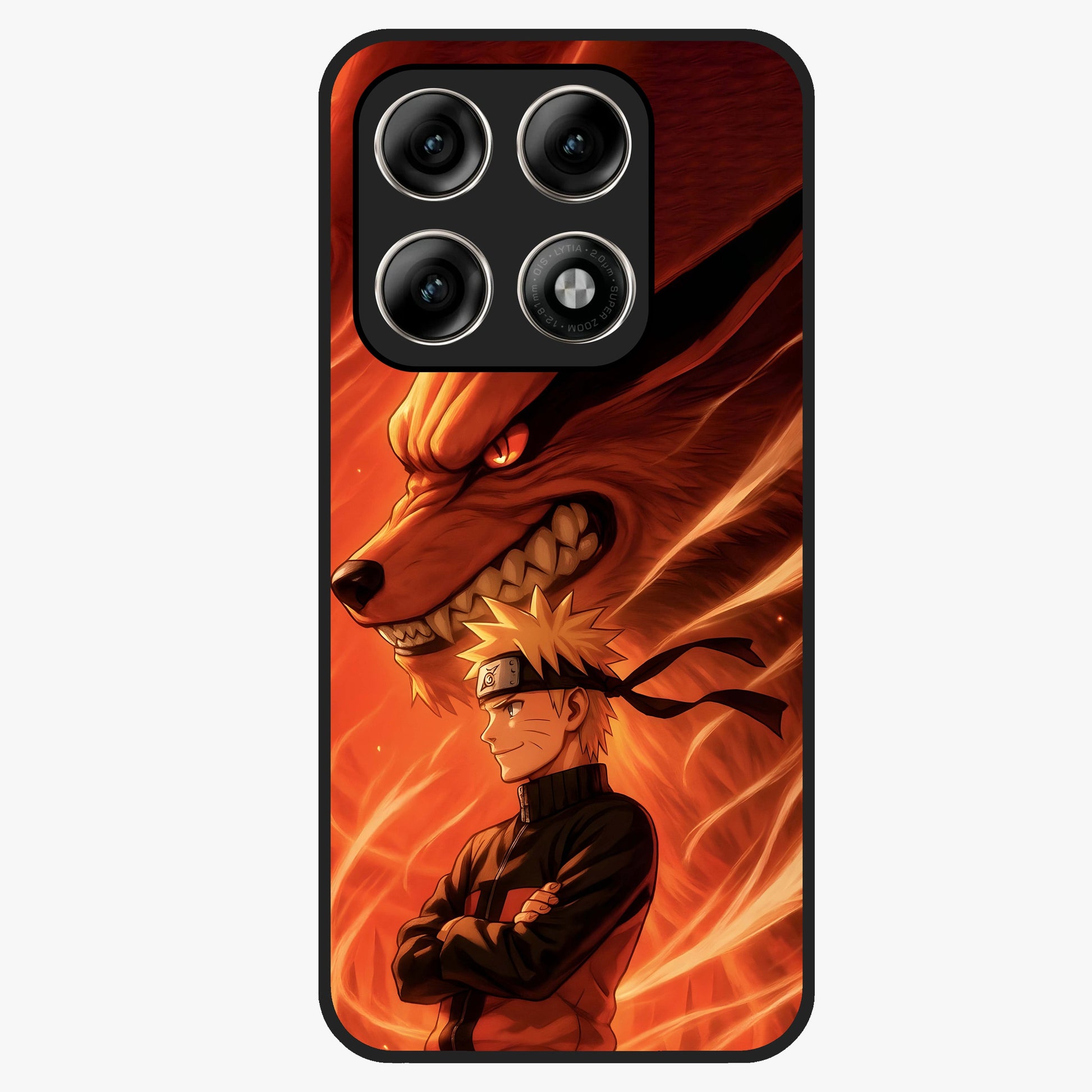 Nine Tails Legacy Glass Case showing flat back view with powerful nine-tailed fox inspired artwork and glossy glass finish.
