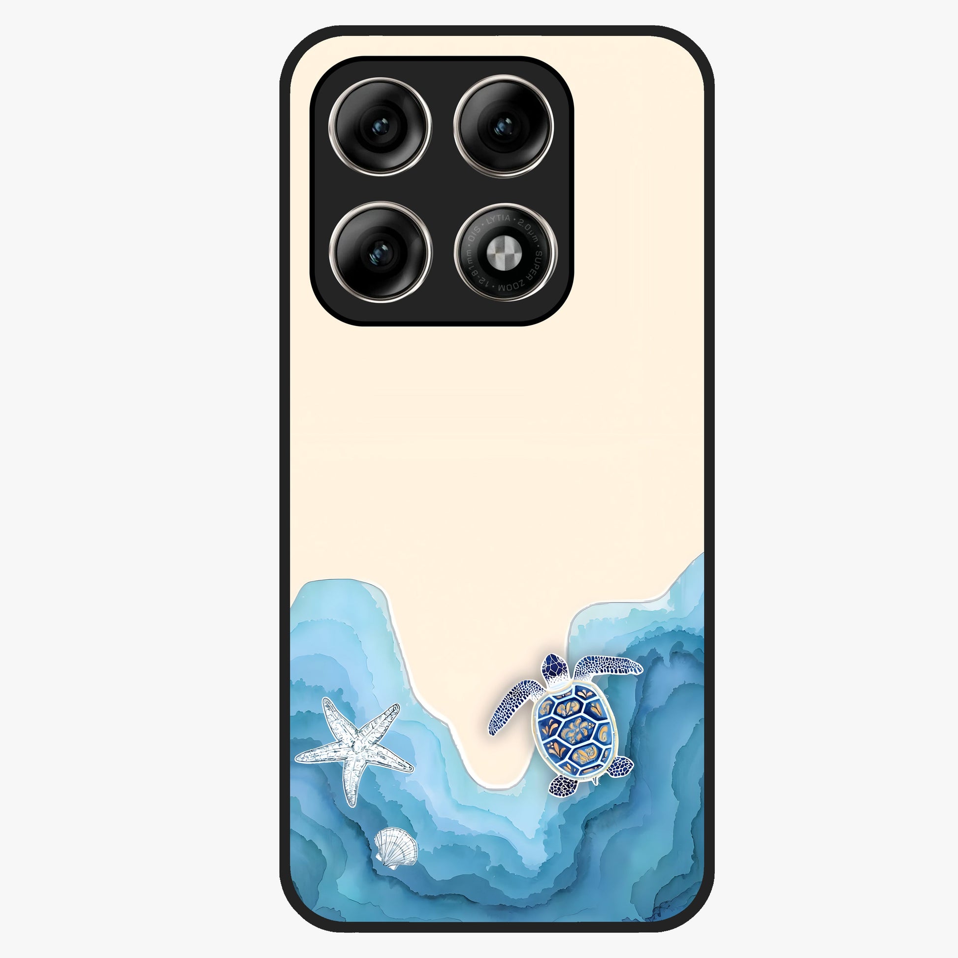 Ocean Drift Turtle Glass Case showing flat back view with sea turtle artwork and glossy glass finish.