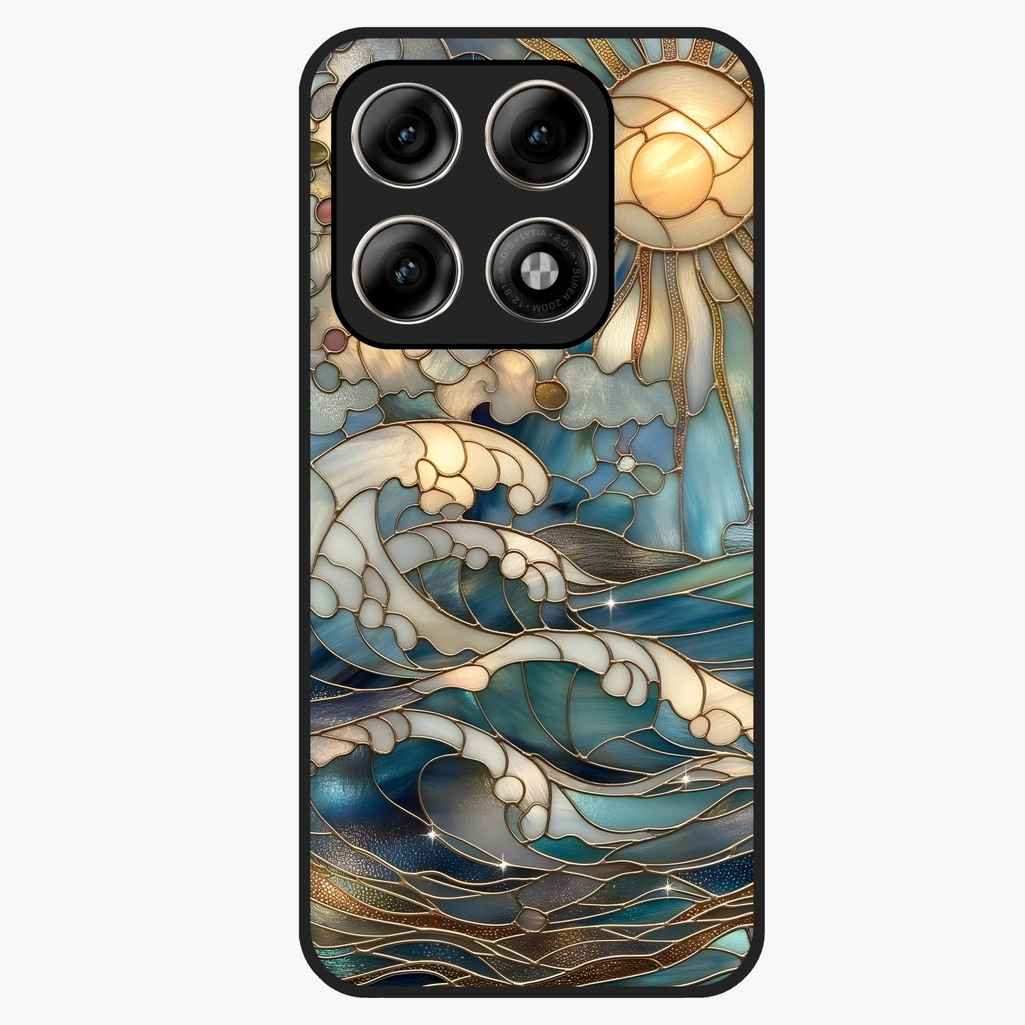 Oceanic Stained Printed Glass Case showing flat back view with ocean inspired stained pattern artwork and glossy glass finish.
