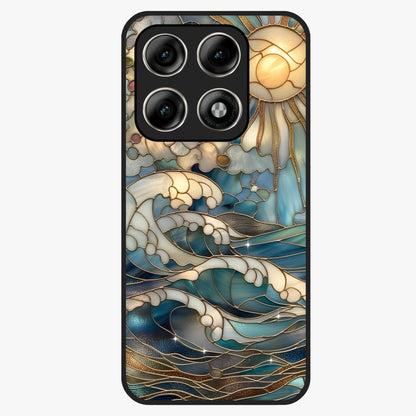 Oceanic Stained Printed Glass Case showing flat back view with ocean inspired stained pattern artwork and glossy glass finish.