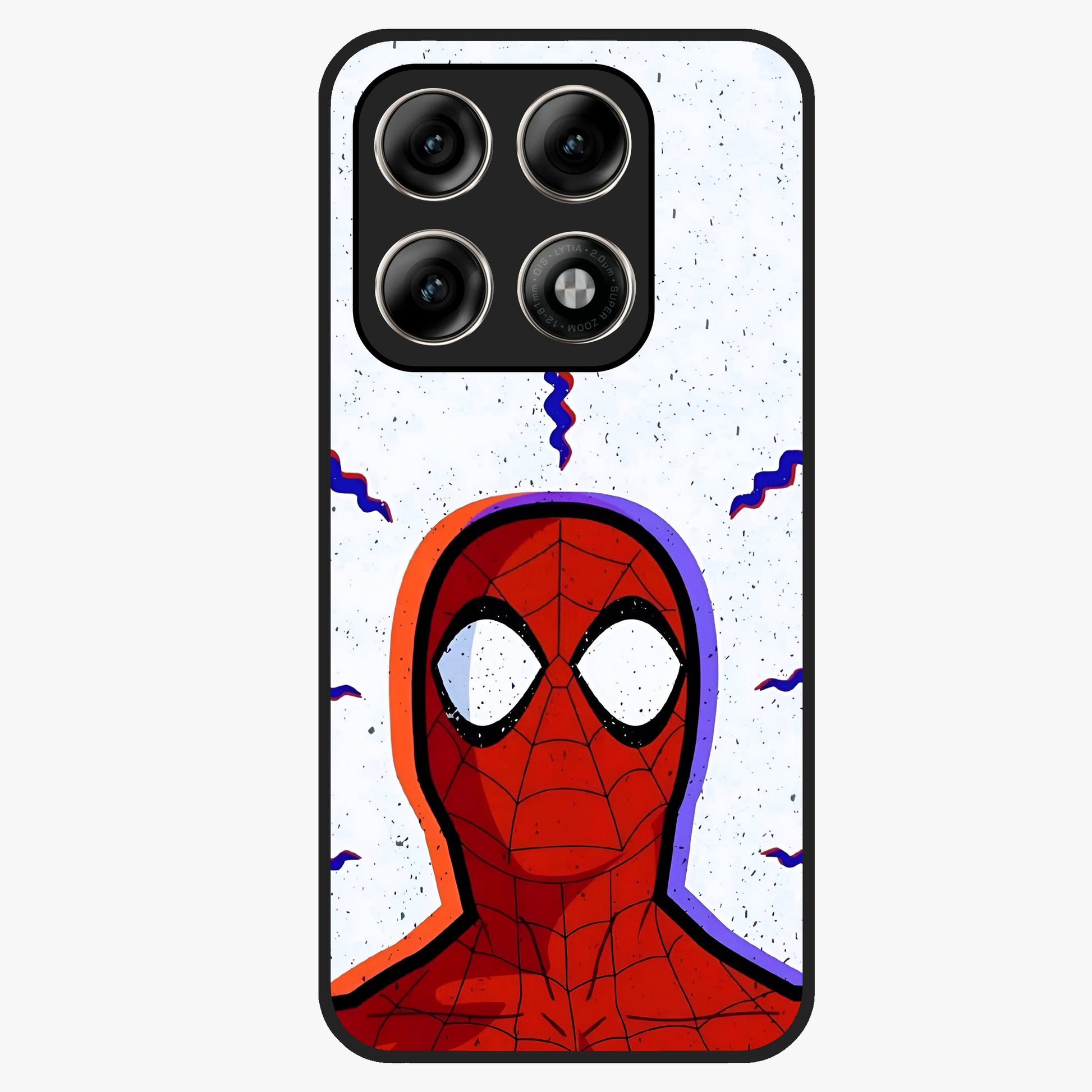 Omg Spiderman Glass Case showing flat back view with bold superhero inspired artwork and glossy glass finish.