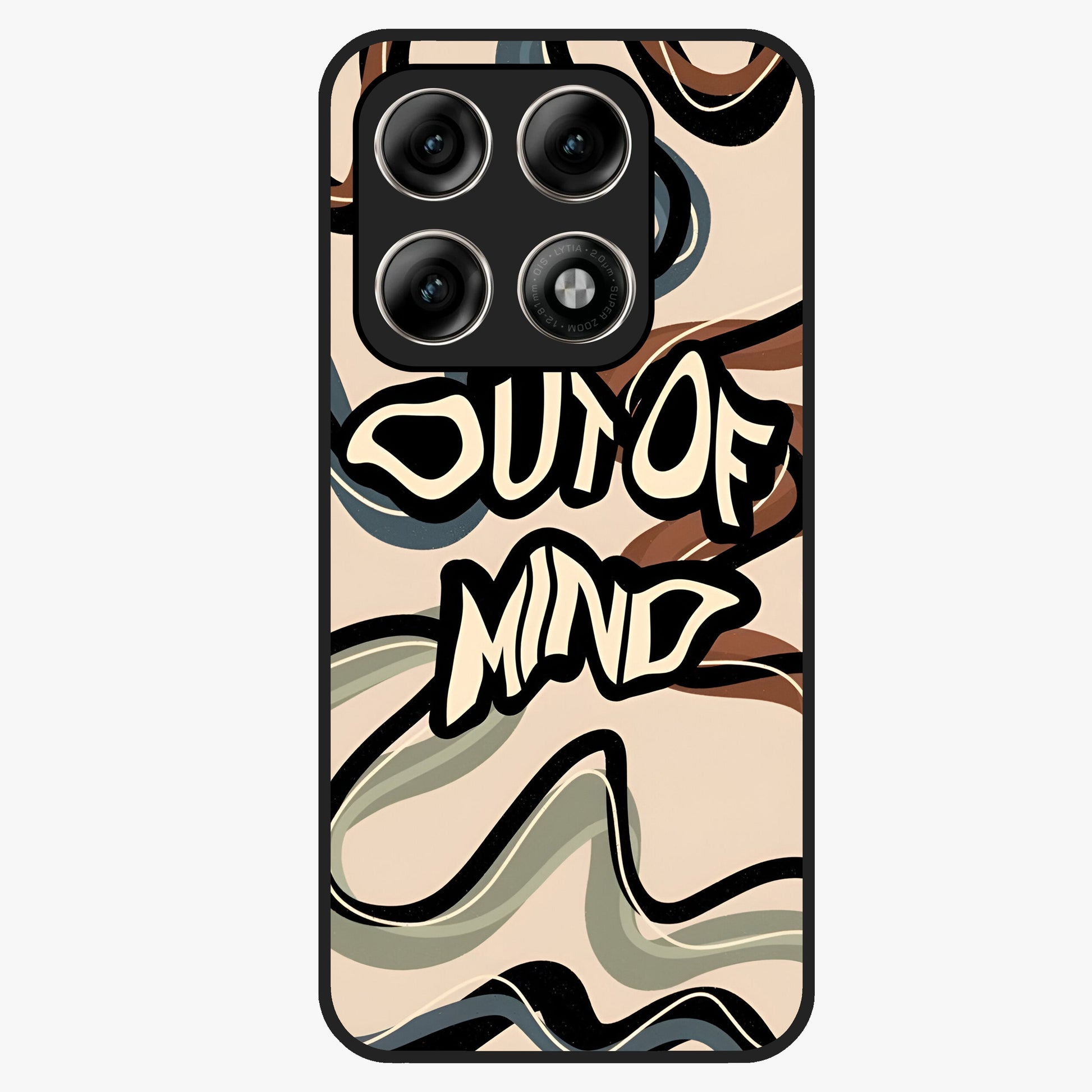 Out Of Mind Glass Case showing flat back view with expressive typography artwork and glossy glass finish.