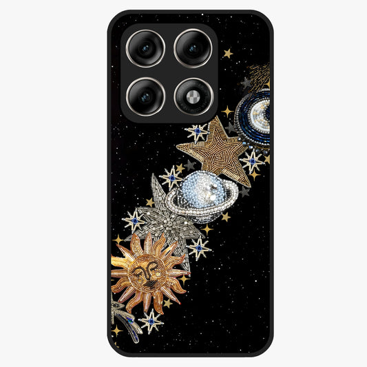 Pearls Universe Object Glass Case showing flat back view with pearl inspired cosmic artwork and glossy glass finish.