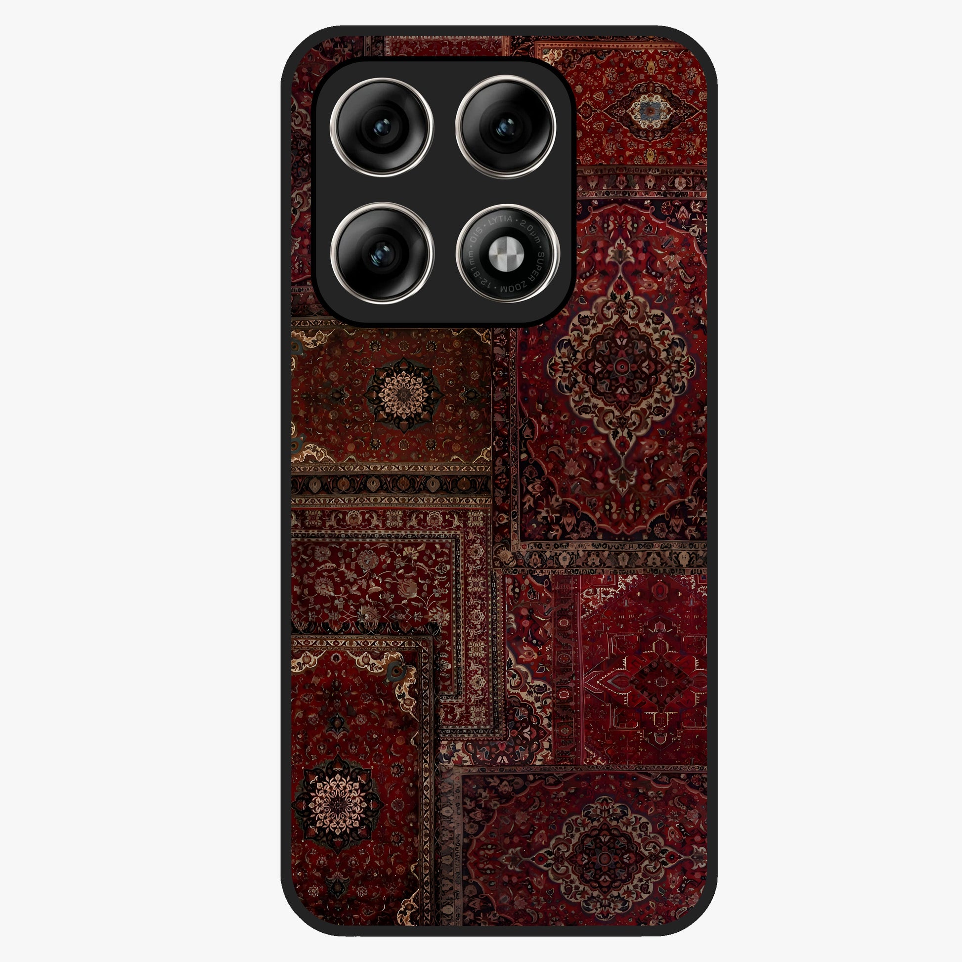 Persian Velvet Tale Glass Case showing flat back view with luxurious Persian velvet pattern artwork and glossy glass finish.