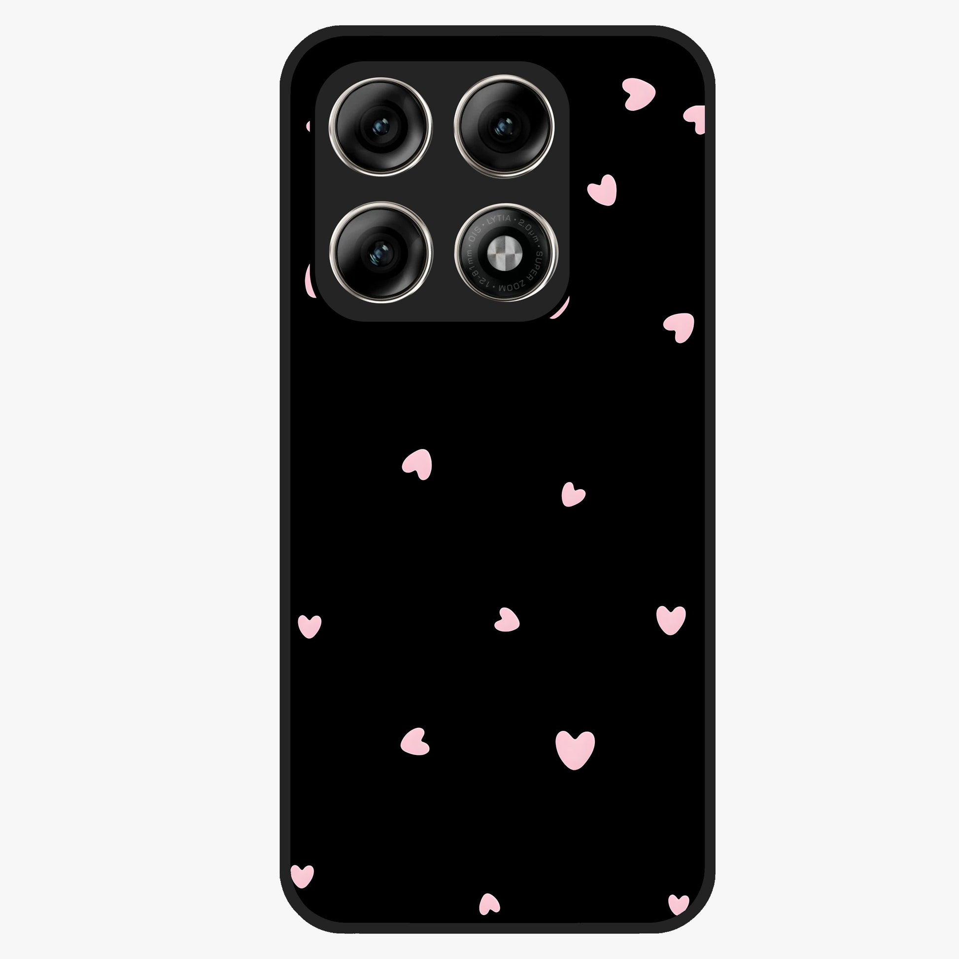 Pink Love Drops Glass Case showing flat back view with playful pink heart drops artwork and glossy glass finish.