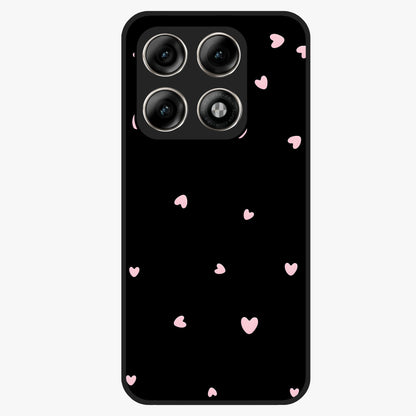 Pink Love Drops Glass Case showing flat back view with playful pink heart drops artwork and glossy glass finish.