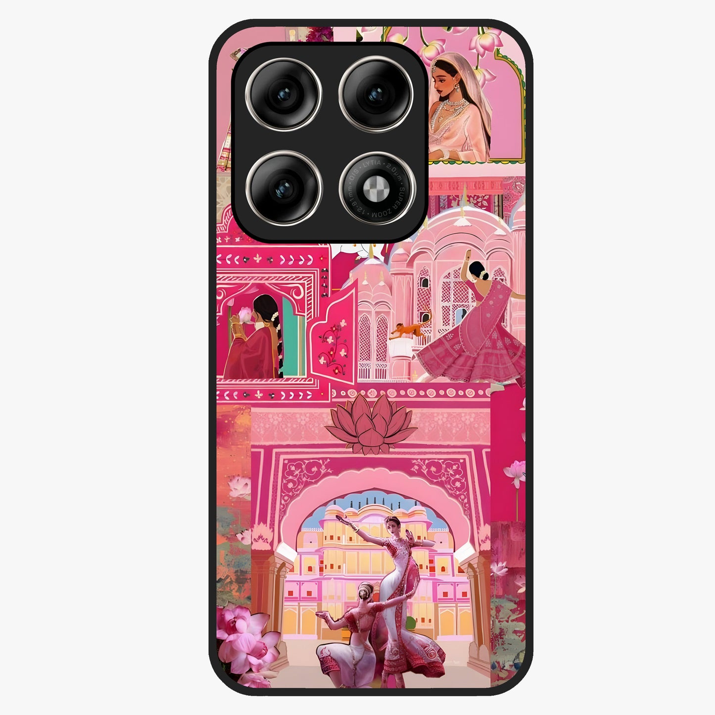 Pink Palace Muse Glass Case showing flat back view with elegant palace inspired artwork and glossy glass finish.
