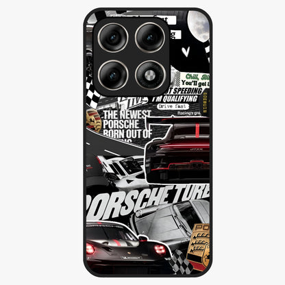 Porsche Racing Collage Glass Case showing flat back view with sports car racing collage artwork and glossy glass finish.
