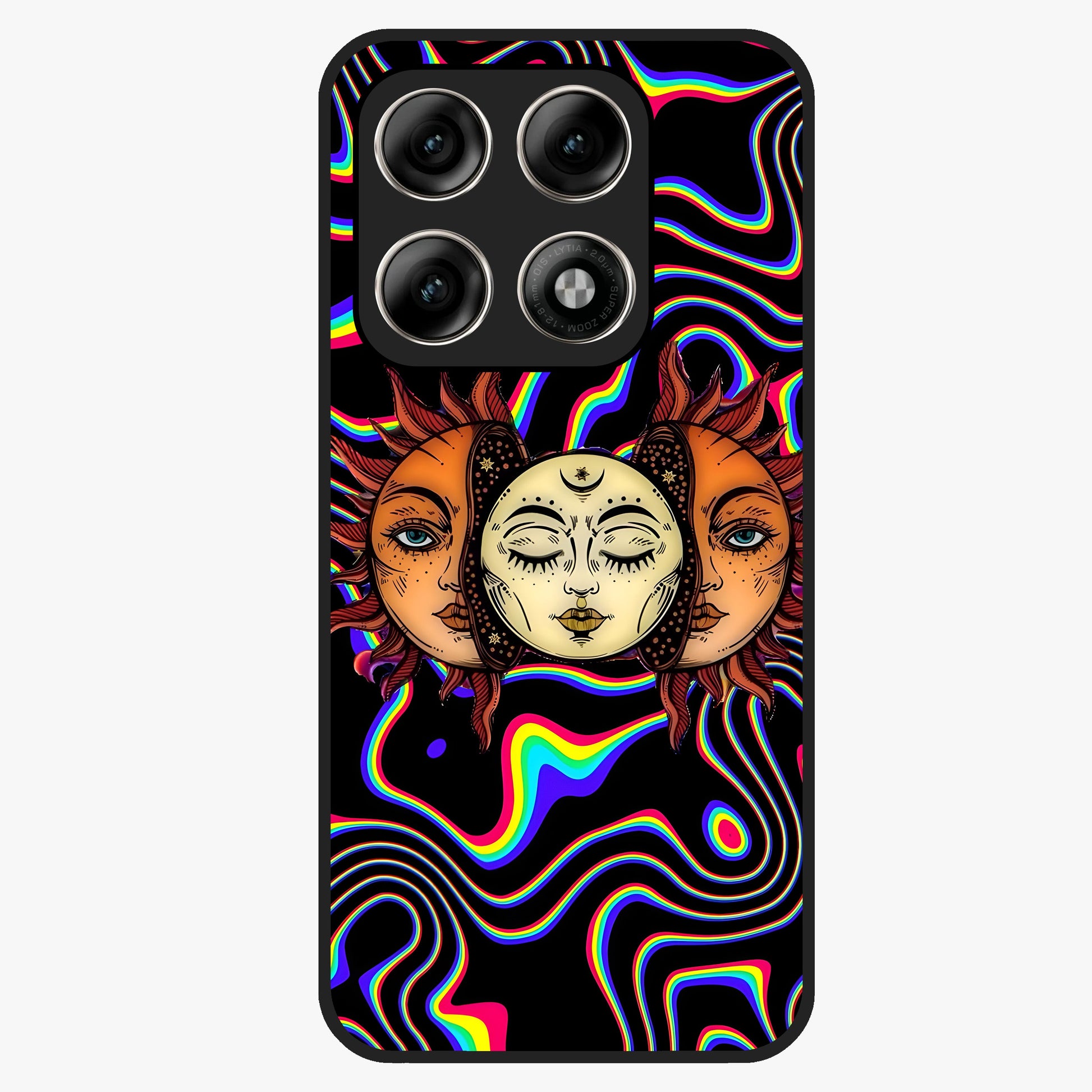 Psychedelic Sun Glass Case showing flat back view with colorful psychedelic sun artwork and glossy glass finish.