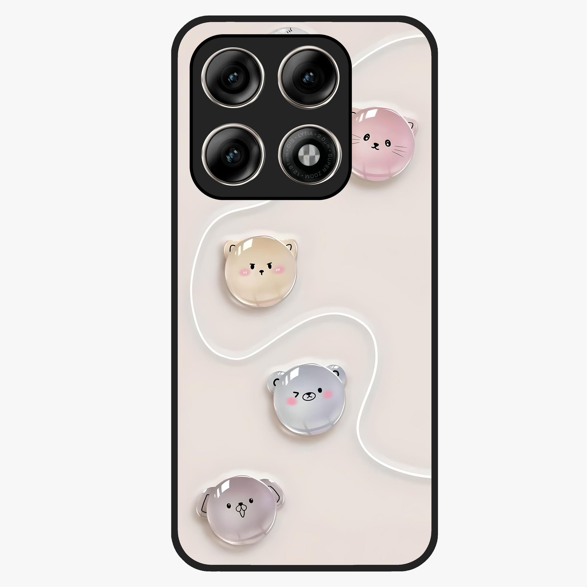 Puffy Face Parade Glass Case showing flat back view with cute puffy character faces artwork and glossy glass finish.