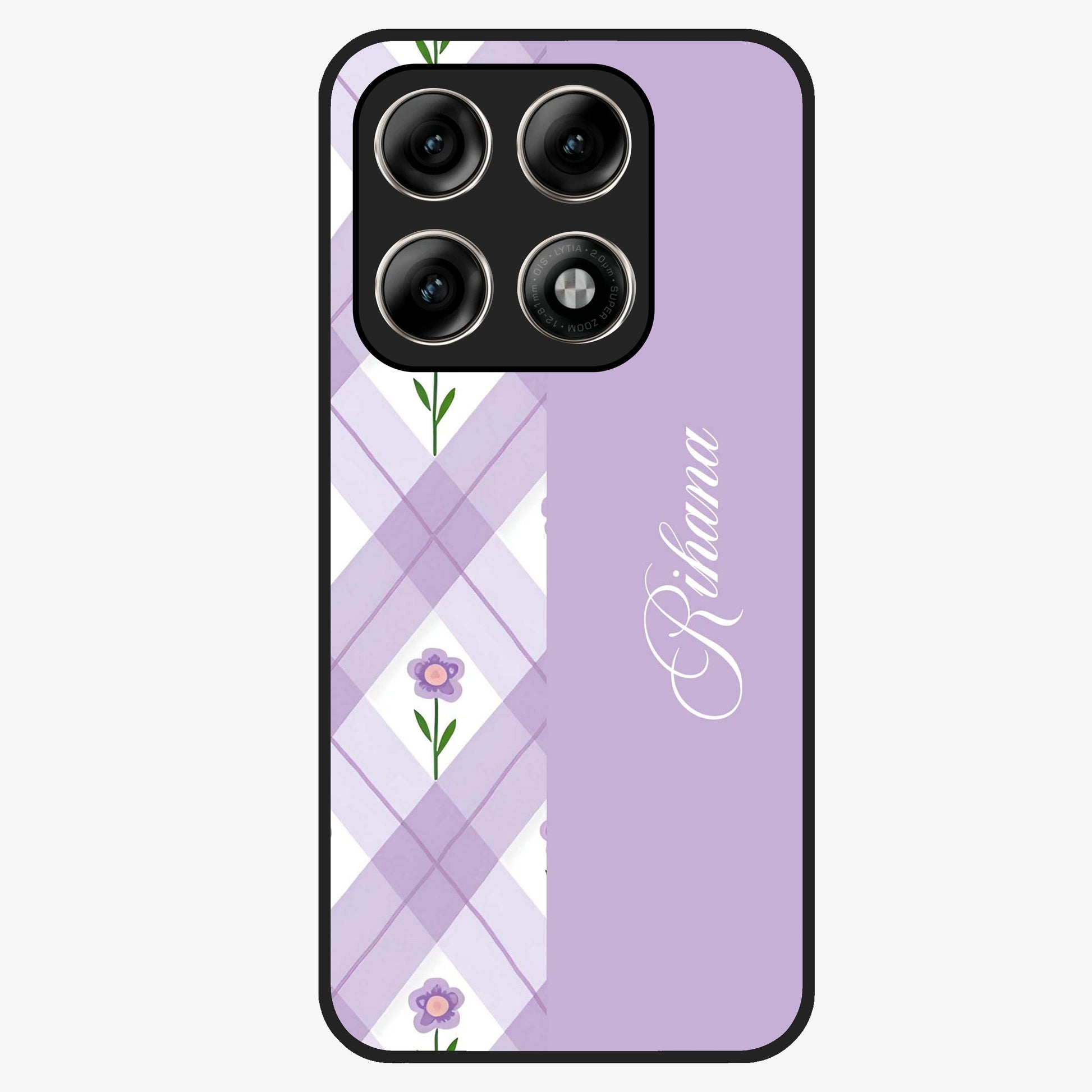 Purple Diamond Floral Glass Case showing flat back view with diamond shaped floral artwork and glossy glass finish.