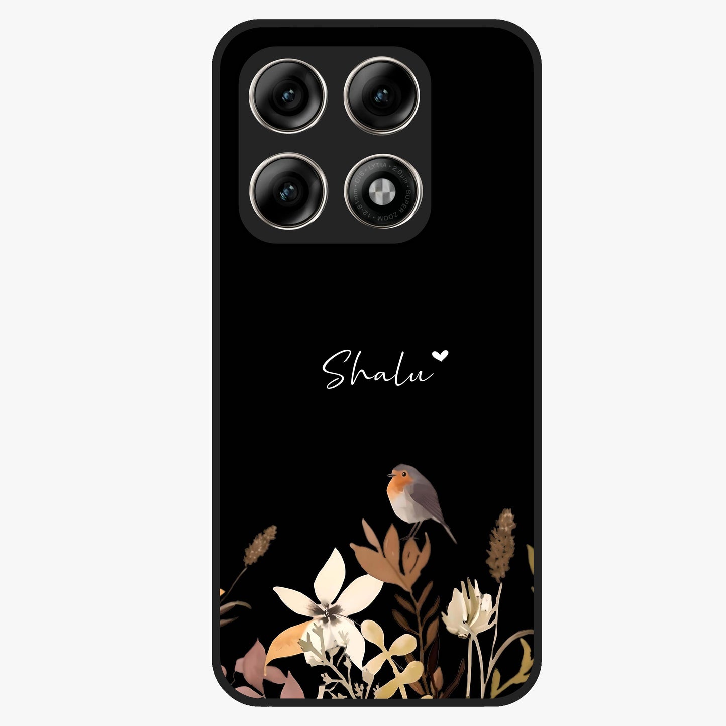 Quiet Garden Tune Custom Name Glass Case showing flat back view with peaceful garden artwork and personalized name design.