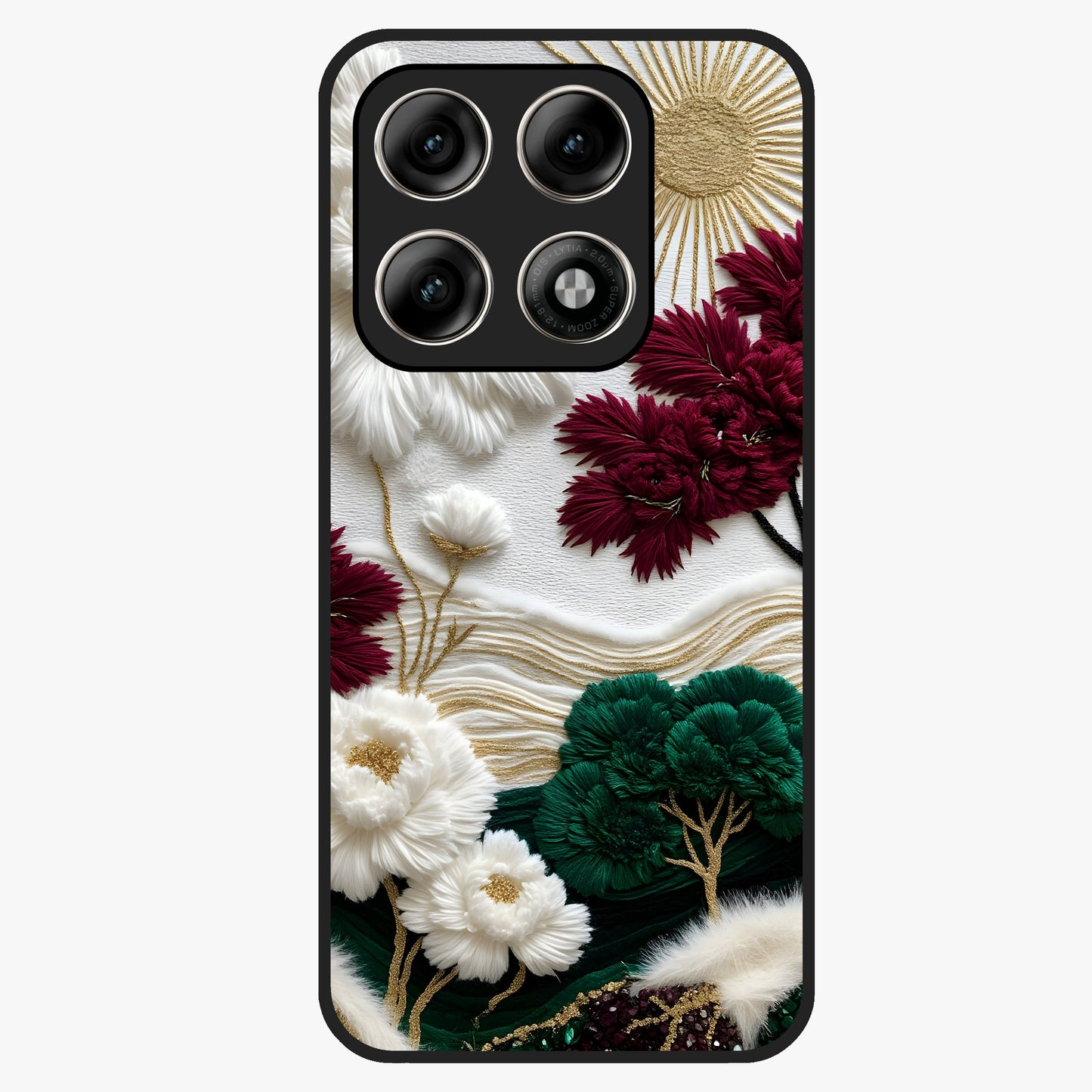 Radiant Bloom Elegance Glass Case showing flat back view with elegant blooming flower artwork and glossy glass finish.