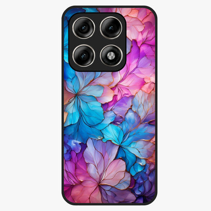 Radiant Floral Whirl Glass Case showing flat back view with swirling floral artwork and glossy glass finish.