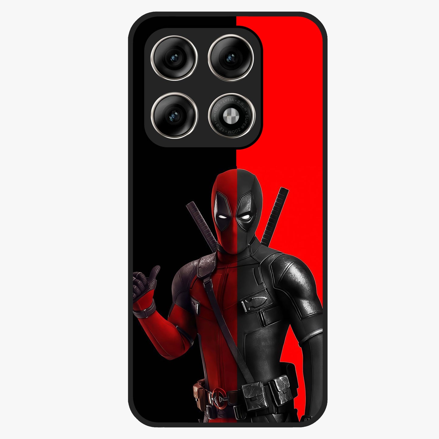 Red & Black Deadpool Theme Glass Case showing flat back view with bold comic inspired artwork and glossy glass finish.