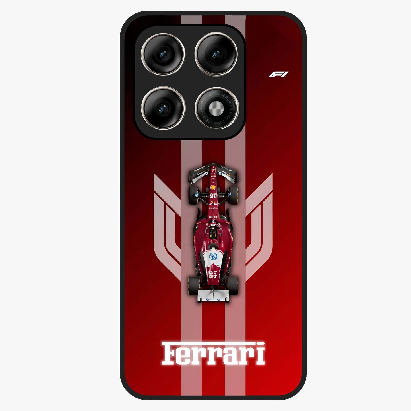 Red Ferrari F1 Vertical Glass Case showing flat back view with sleek Formula racing car artwork and glossy glass finish.