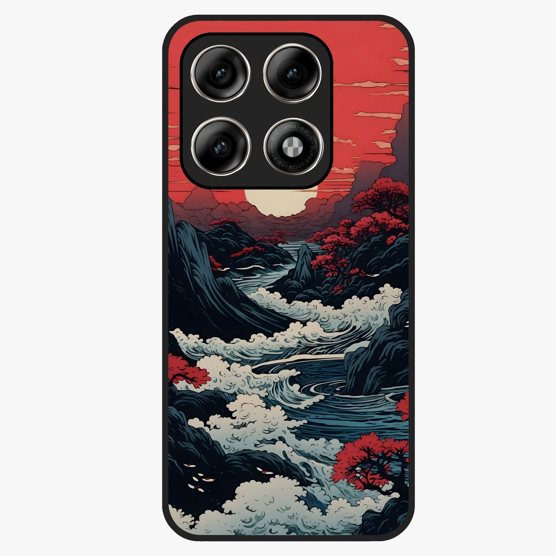 Red Sunset Scenery Glass Case showing flat back view with vibrant sunset landscape artwork and glossy glass finish.