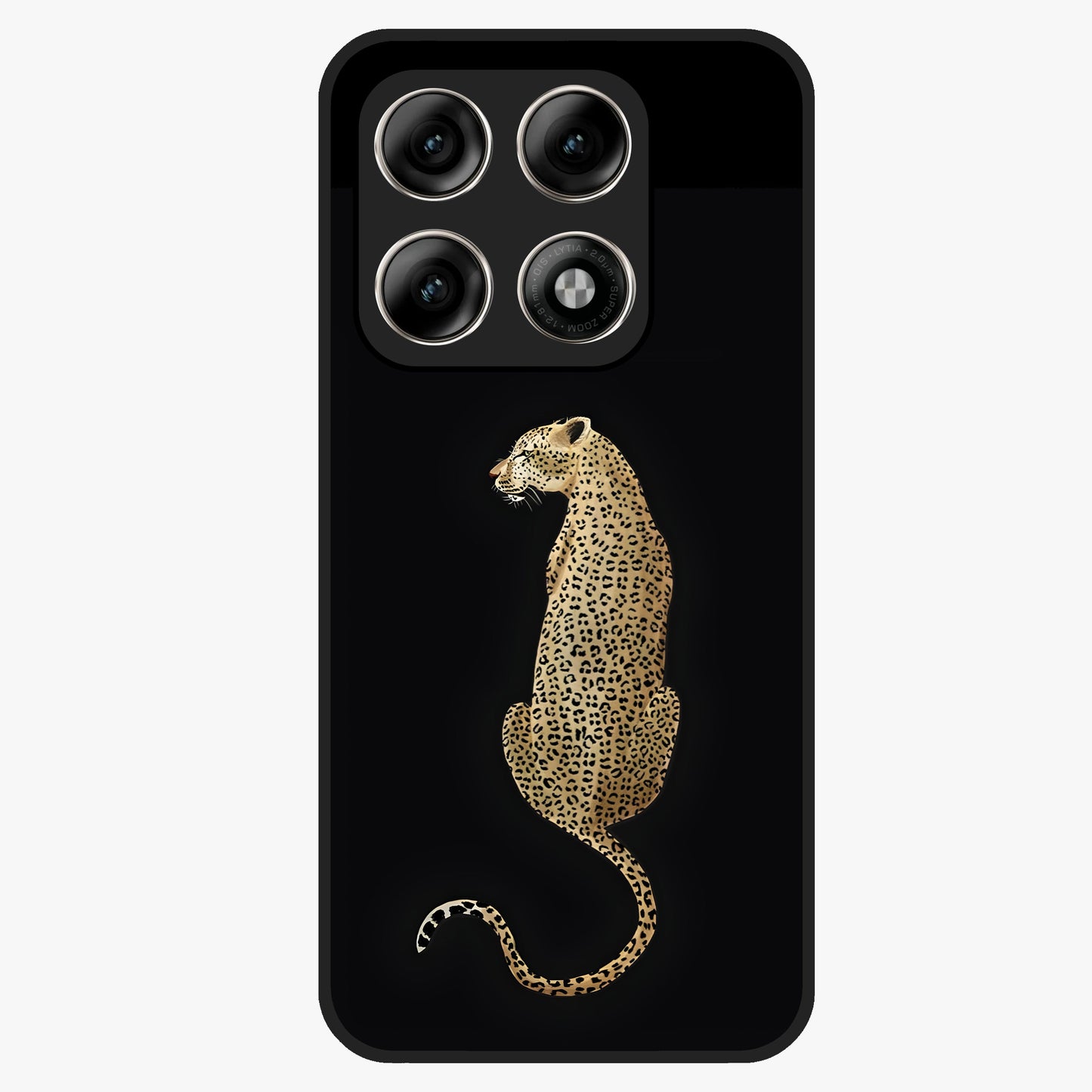 Regal Leopard Glass Case showing flat back view with bold leopard artwork and glossy glass finish.
