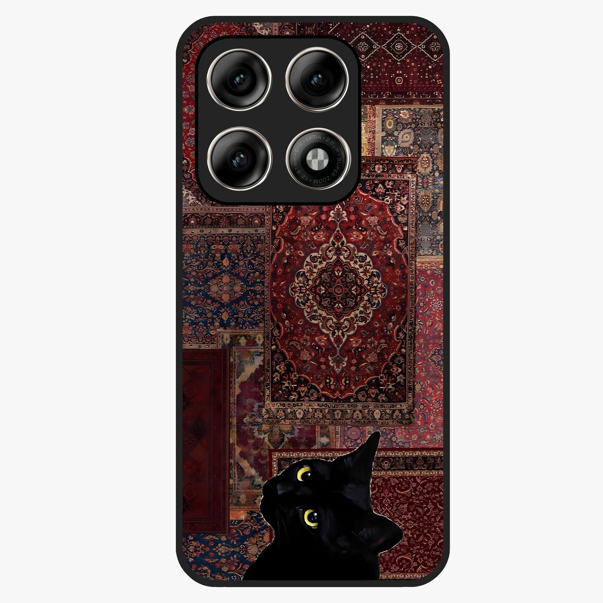 Regal Magic Cat Apple Glass Case showing flat back view with magical cat artwork holding apple and glossy glass finish.