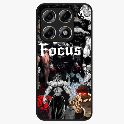 Relentless Power Focus Glass Case showing flat back view with motivational typography artwork and glossy glass finish.