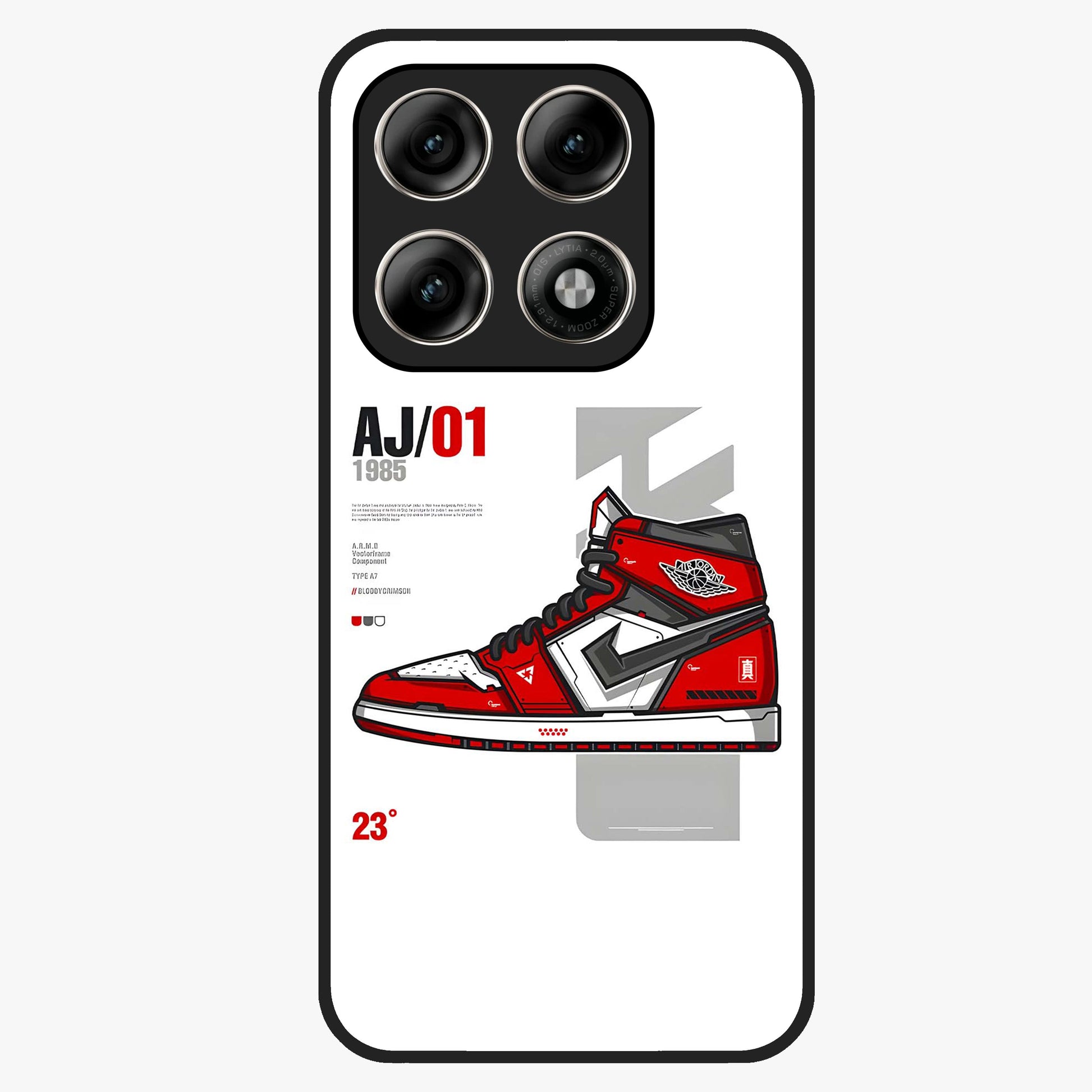 Retro Sneaker Blueprint Glass Case showing flat back view with sneaker blueprint style artwork and glossy glass finish.
