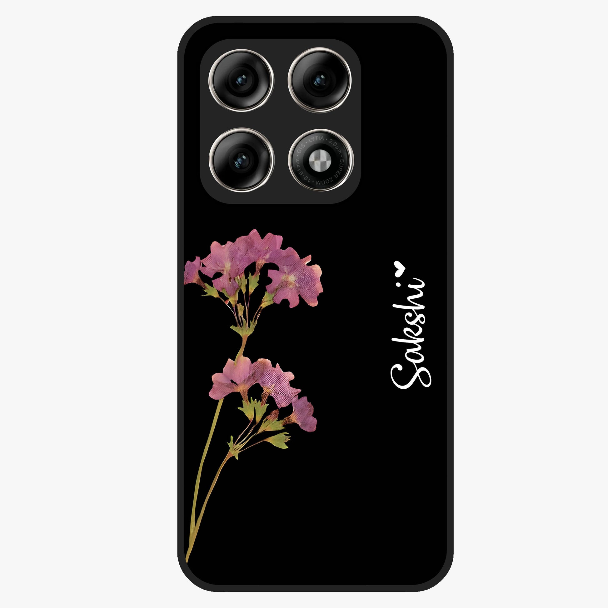 Riching Lavender Flower Custom Name Glass Case showing flat back view with lavender floral artwork and personalized name design.