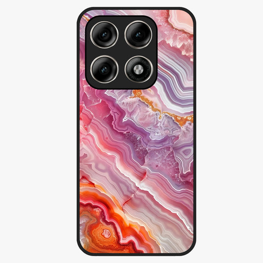 Rose Quartz Marble Glass Case showing flat back view with pink marble quartz texture artwork and glossy glass finish.