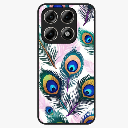 Royal Peacock Feathers Glass Case showing flat back view with colorful peacock feather artwork and glossy glass finish.