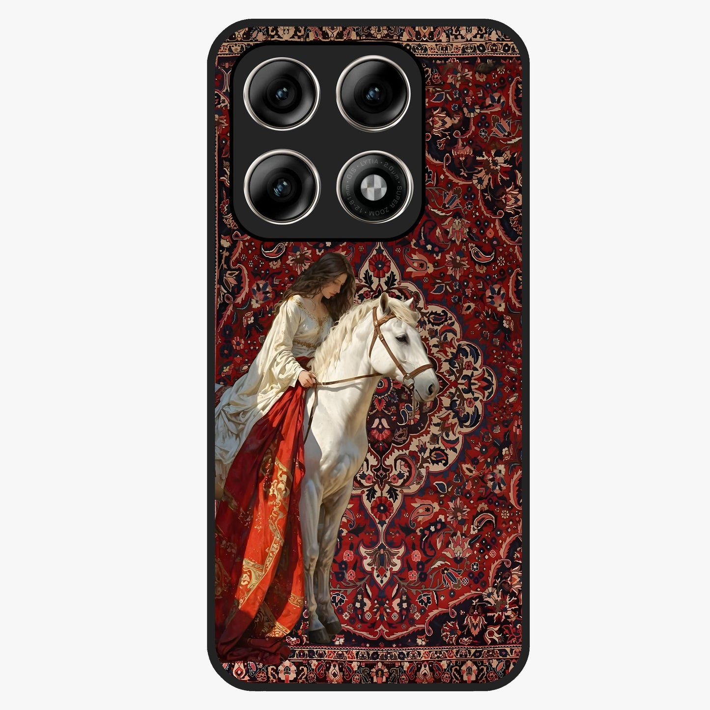 Royal Rider Tapestry Glass Case showing flat back view with majestic horse rider tapestry artwork and glossy glass finish.