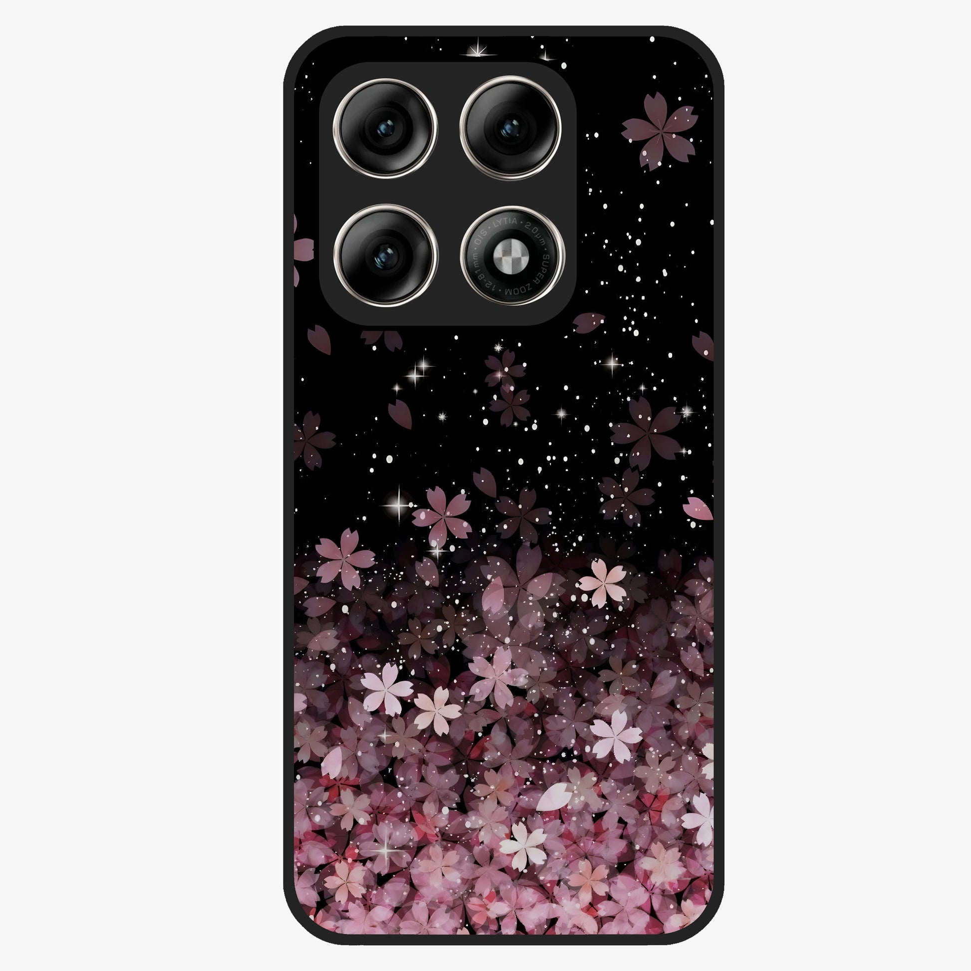 Small Starry Flowers Glass Case showing flat back view with delicate starry floral artwork and glossy glass finish.