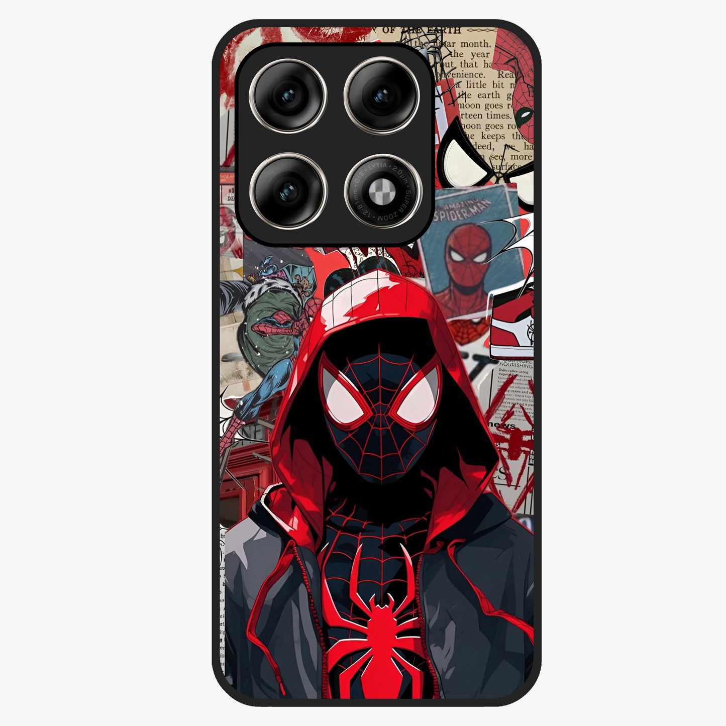 Spider Collage Street Glass Case showing flat back view with vibrant superhero collage artwork and glossy glass finish.