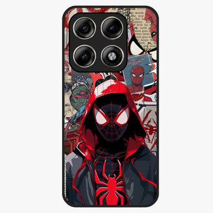Spider Collage Street Glass Case showing flat back view with vibrant superhero collage artwork and glossy glass finish.