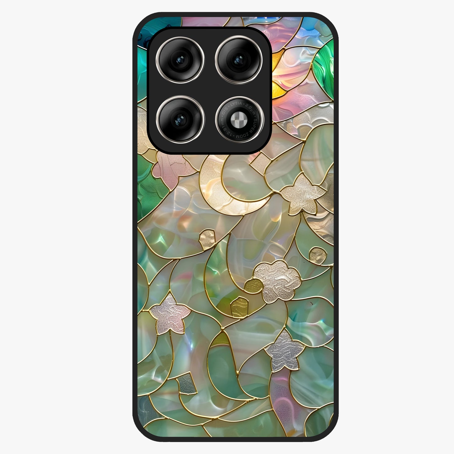 Stained Sunrise Glow Glass Case showing flat back view with glowing sunrise stained pattern artwork and glossy glass finish.