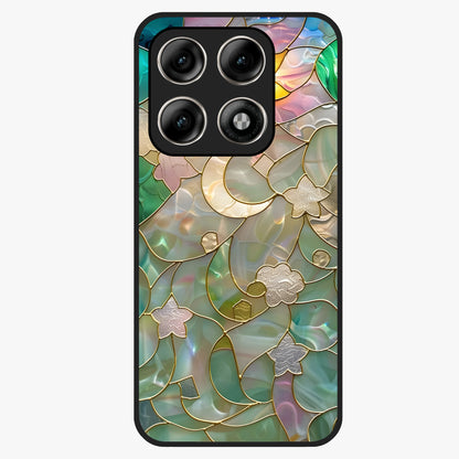 Stained Sunrise Glow Glass Case showing flat back view with glowing sunrise stained pattern artwork and glossy glass finish.