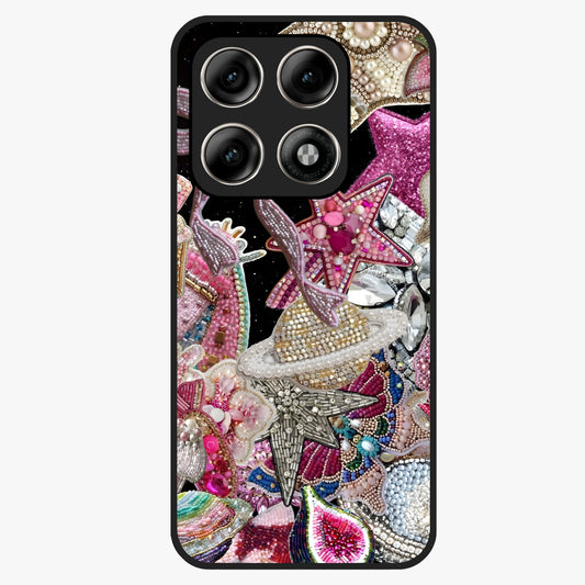 Starlit Jewel Dream Glass Case showing flat back view with sparkling jewel and star themed artwork and glossy glass finish.