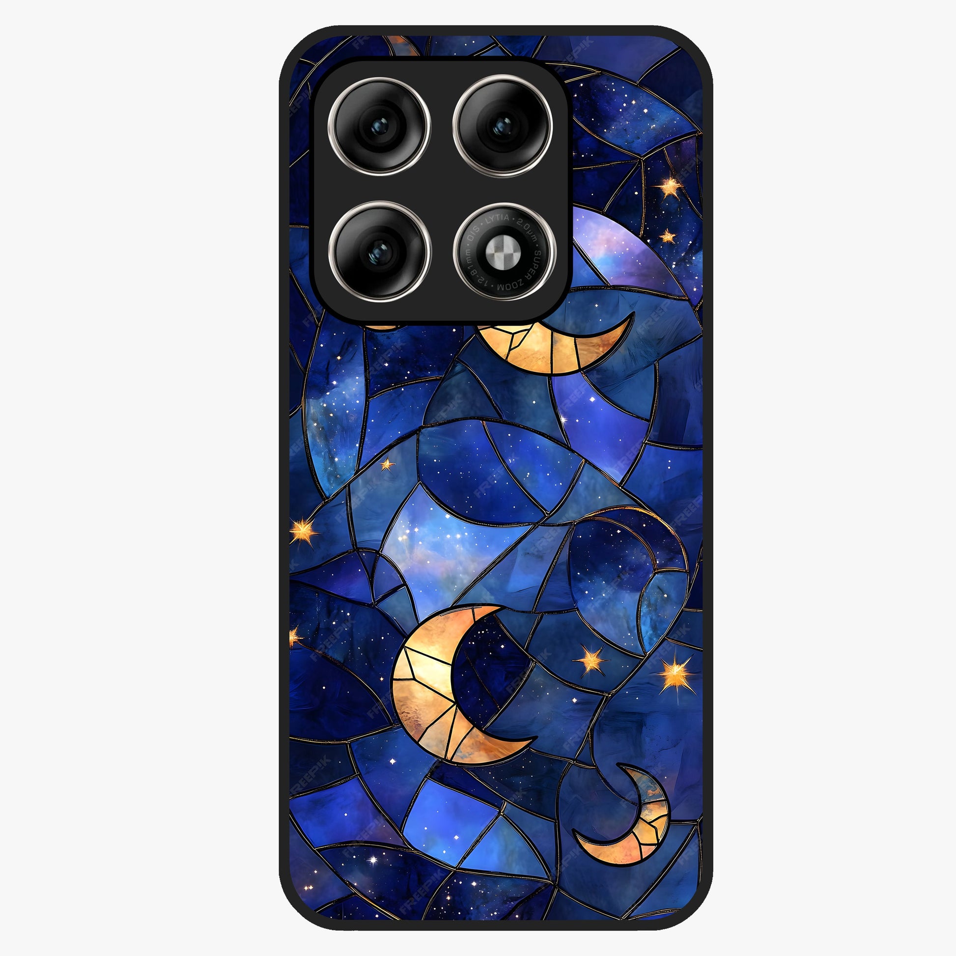 Starlit Sky Tapestry Glass Case showing flat back view with decorative starry sky tapestry artwork and glossy glass finish.