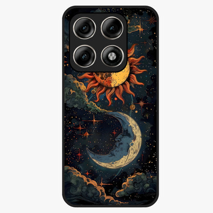 Sun And Moon Magic Design Glass Case showing flat back view with mystical sun and moon artwork and glossy glass finish.